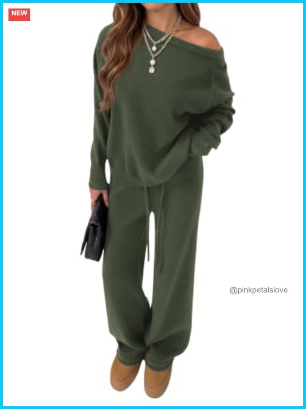 Womens Two Piece Sweater Set Boat Neck Ribbed Cuffed Sleeves Wide Leg Pants